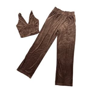 NIA - V Neck Sleeveless Velour Tank & Wide Leg Pants in Chocolate Brown